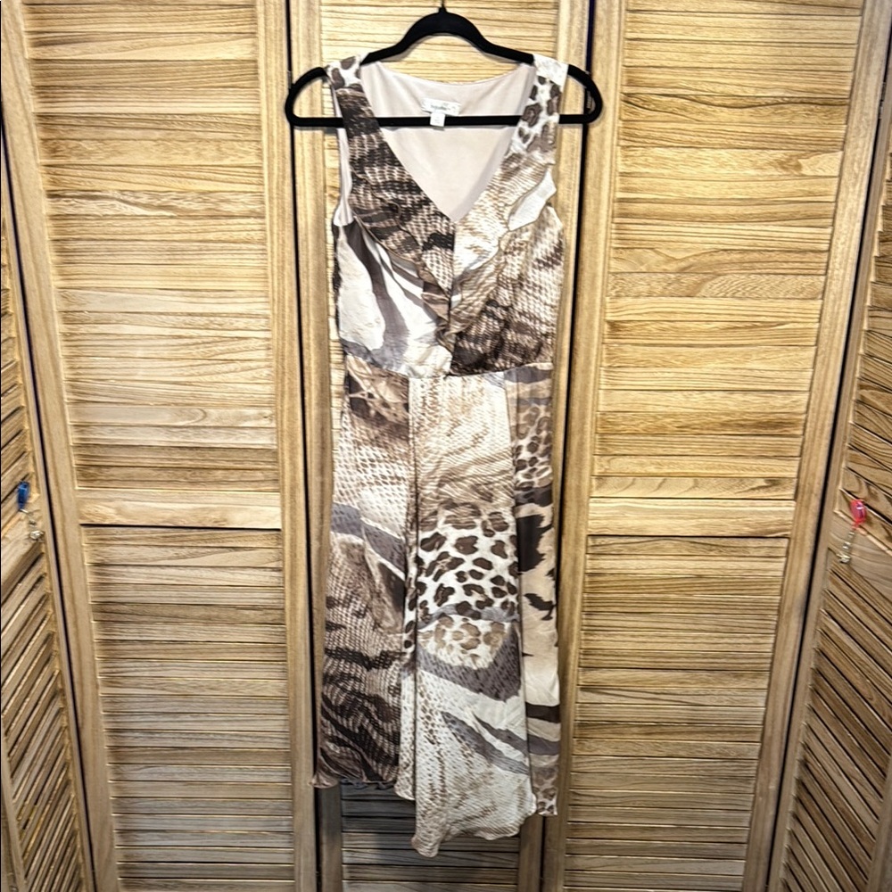 Dress Barn Exotic Animal Print Sleeveless Leopard Lined Ruffled Dress Size 6 - Picture 2 of 8